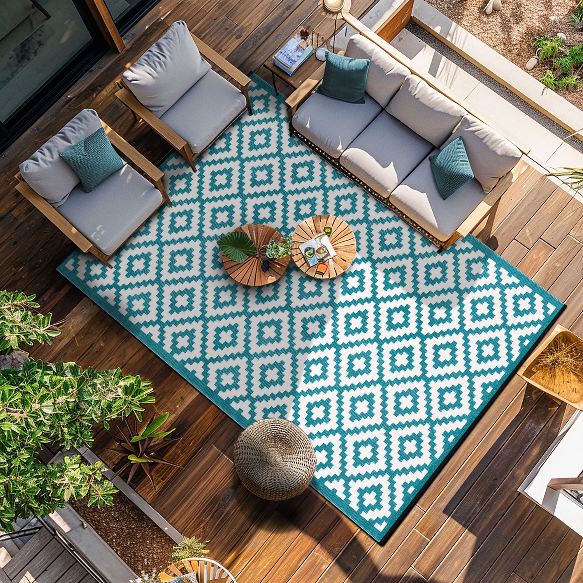 Nirvana Outdoor Recycled Plastic Rug (Teal Blue/White)