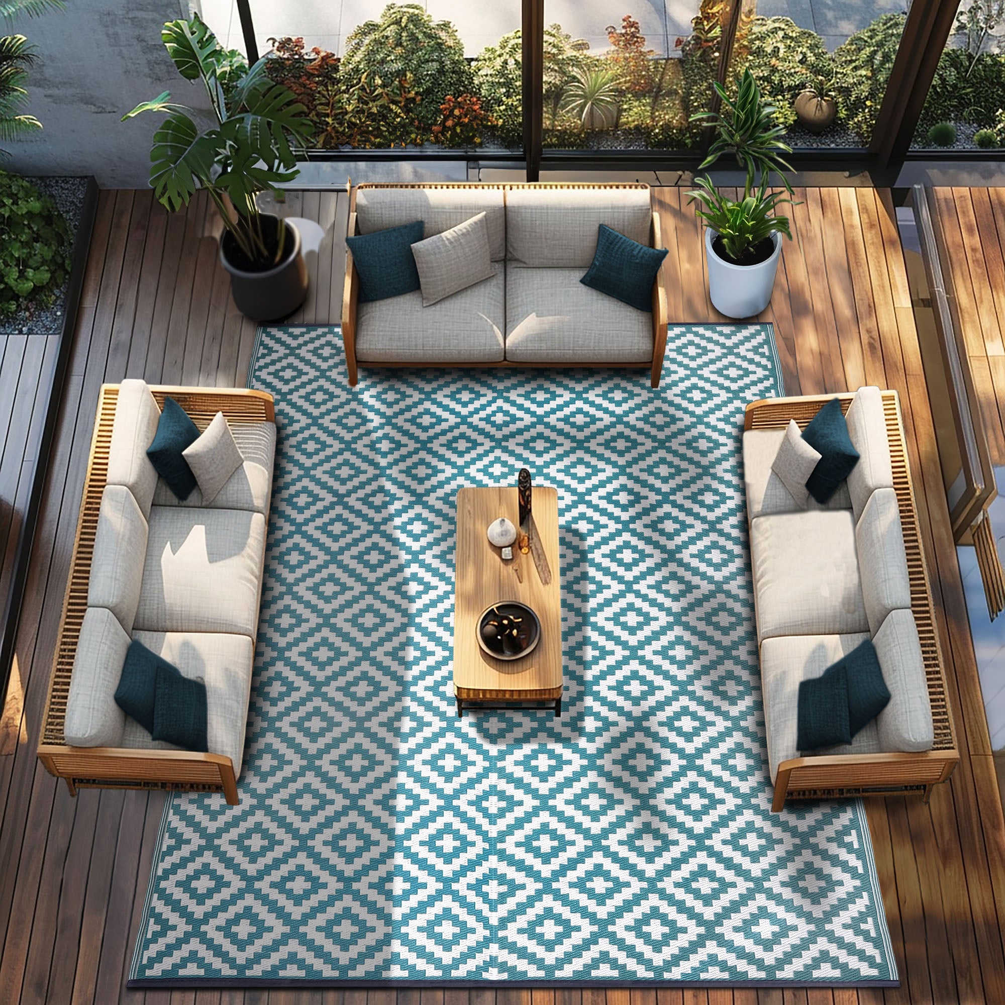 Nirvana Outdoor Recycled Plastic Rug (Teal Blue/White)