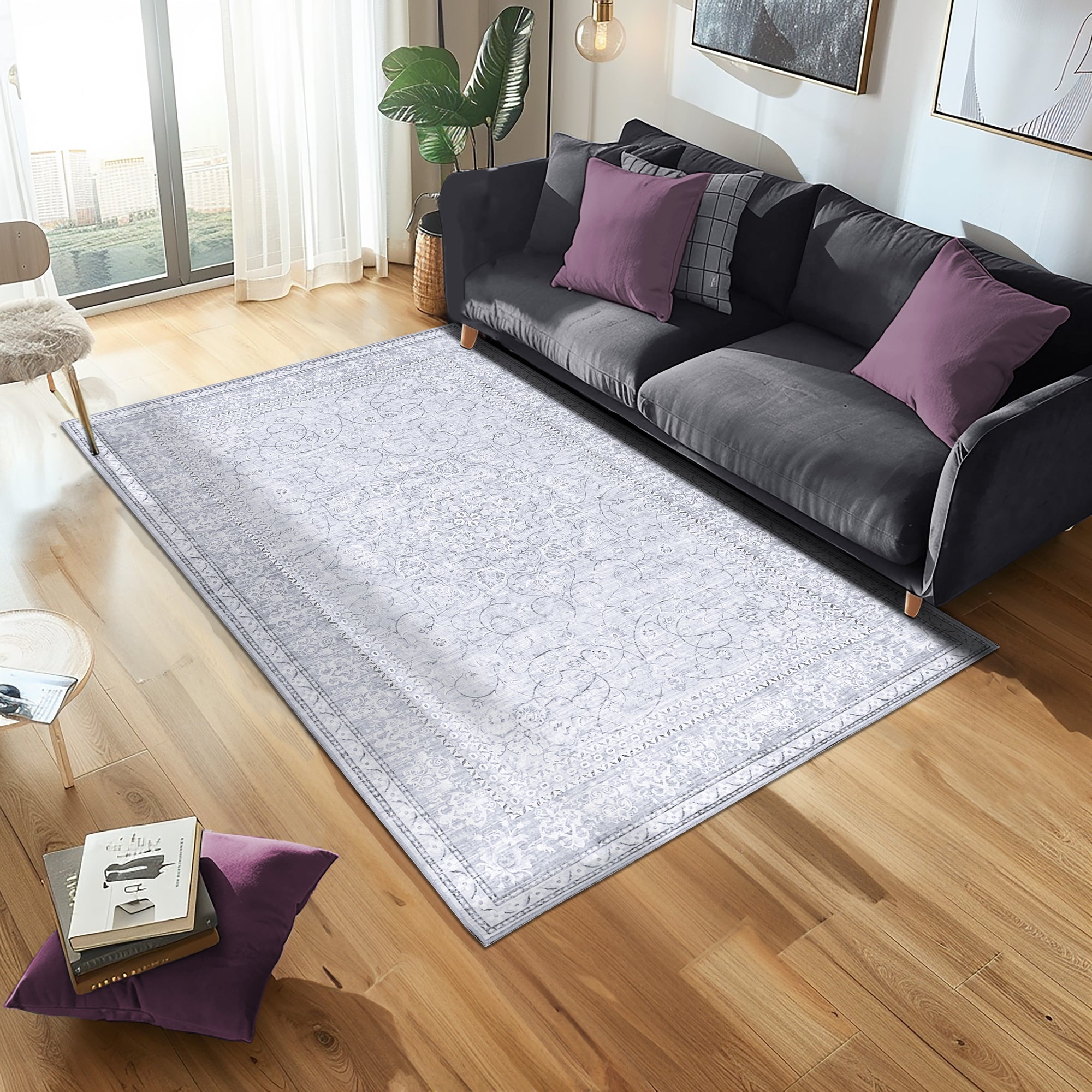 Adora Light Grey Machine Washable Rug and Runner - For Living Room, Dining Room, Bedroom, Kitchens, Kids/Nursery Room