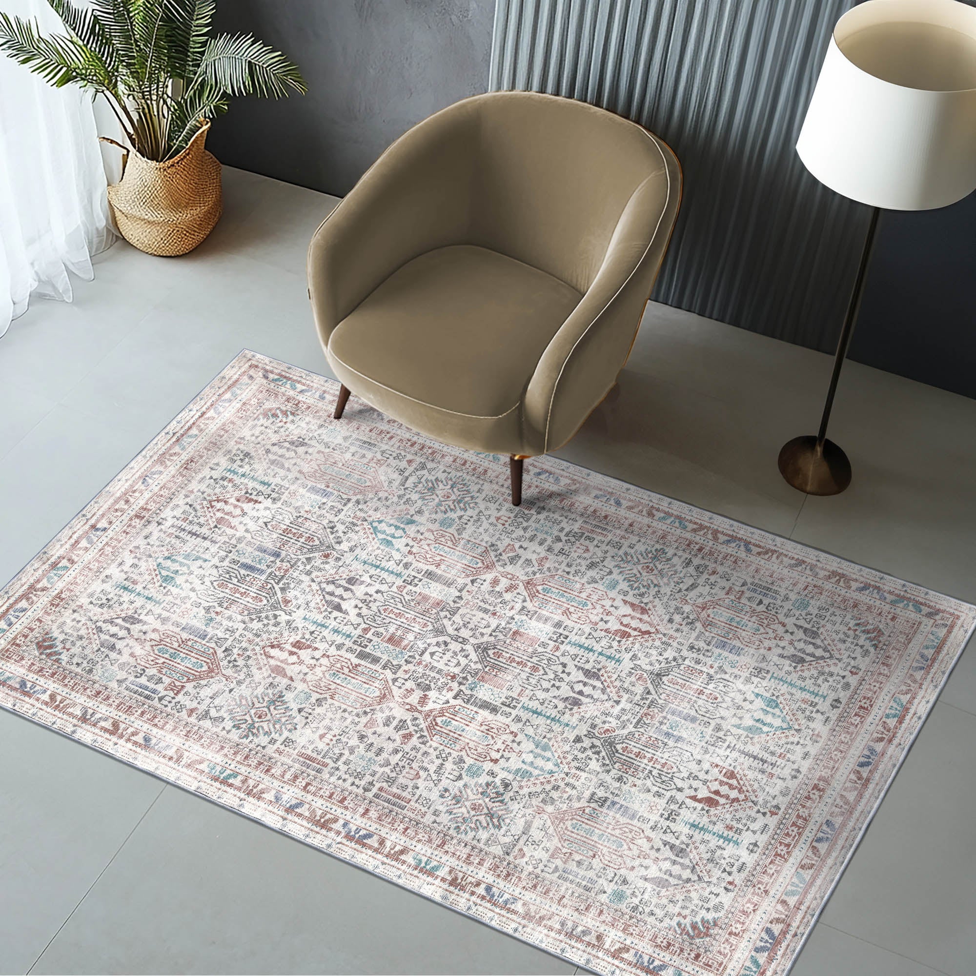 Vernal Astor Brick Red, Aqua & Grey Machine Washable Rug and Runner - For Living Room, Dining Room, Bedroom, Hallway, Kitchens, Kids/Nursery Room