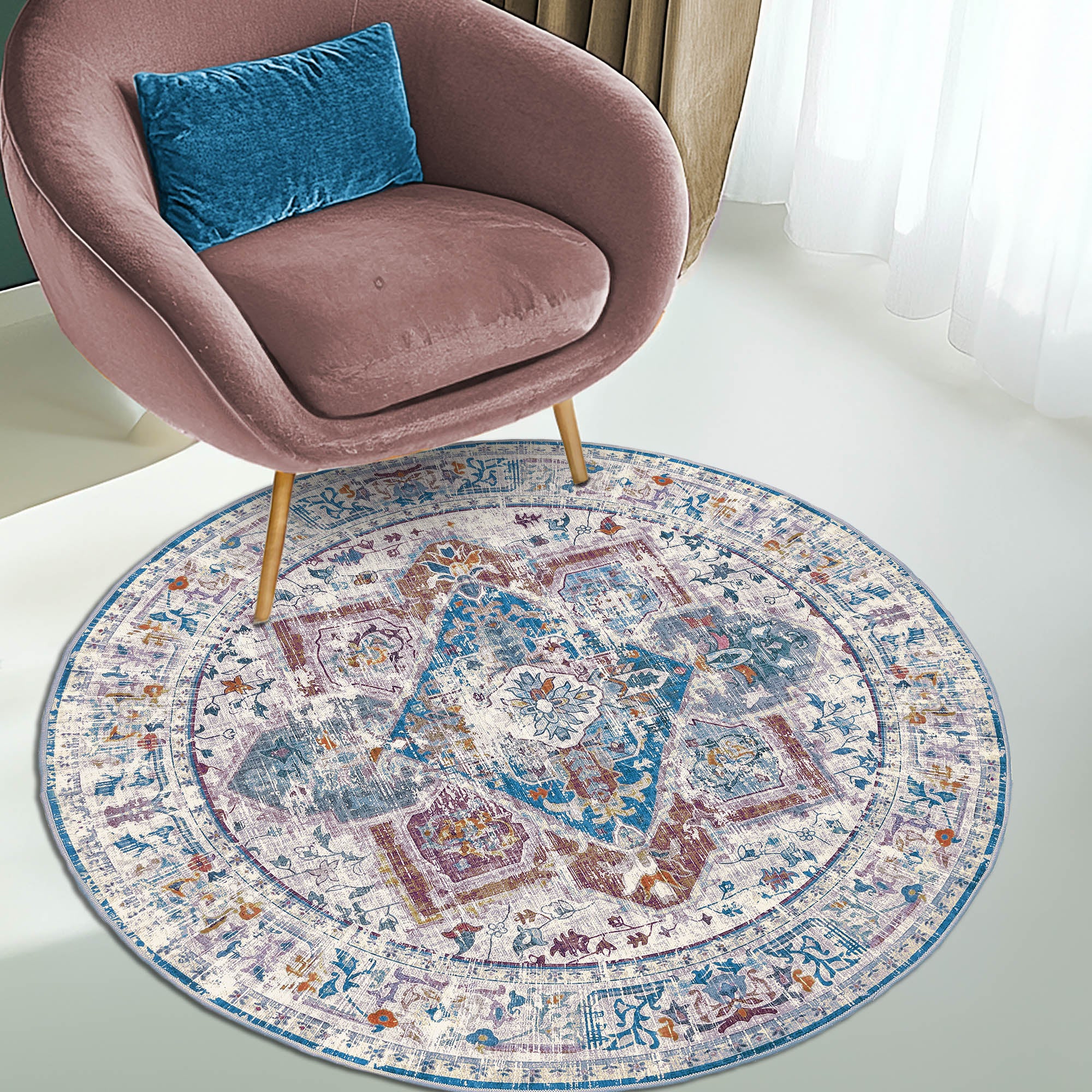 Vernal Atticus Aqua Blue, Regal Purple, and Cream Machine Washable Rug - For Living Room, Dining Room, Bedroom, Hallway, Kitchens, Kids/Nursery Room