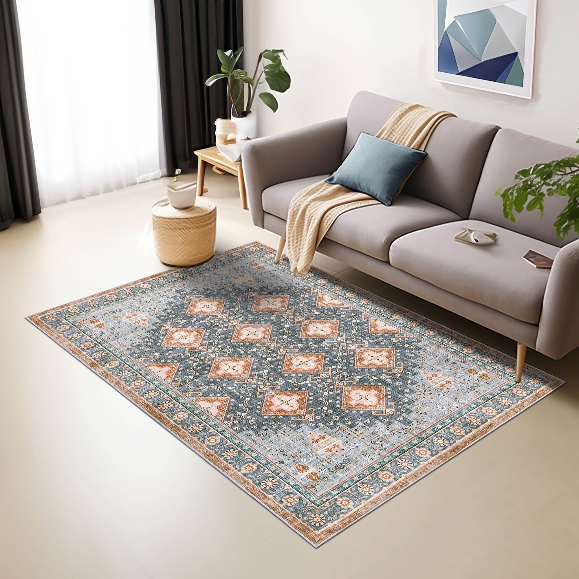 Vernal Beni Dusty Blue, Orange & Beige Machine Washable Rug and Runner - For Living Room, Dining Room, Bedroom, Hallway, Kitchens, Kids/Nursery Room