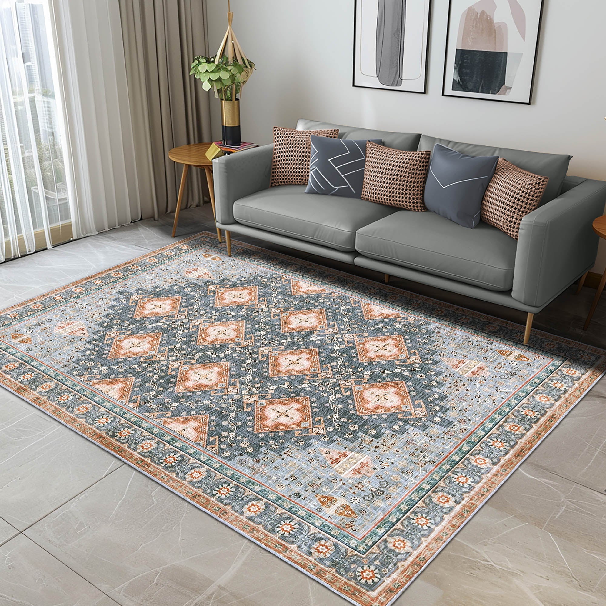 Vernal Beni Dusty Blue, Orange & Beige Machine Washable Rug and Runner - For Living Room, Dining Room, Bedroom, Hallway, Kitchens, Kids/Nursery Room