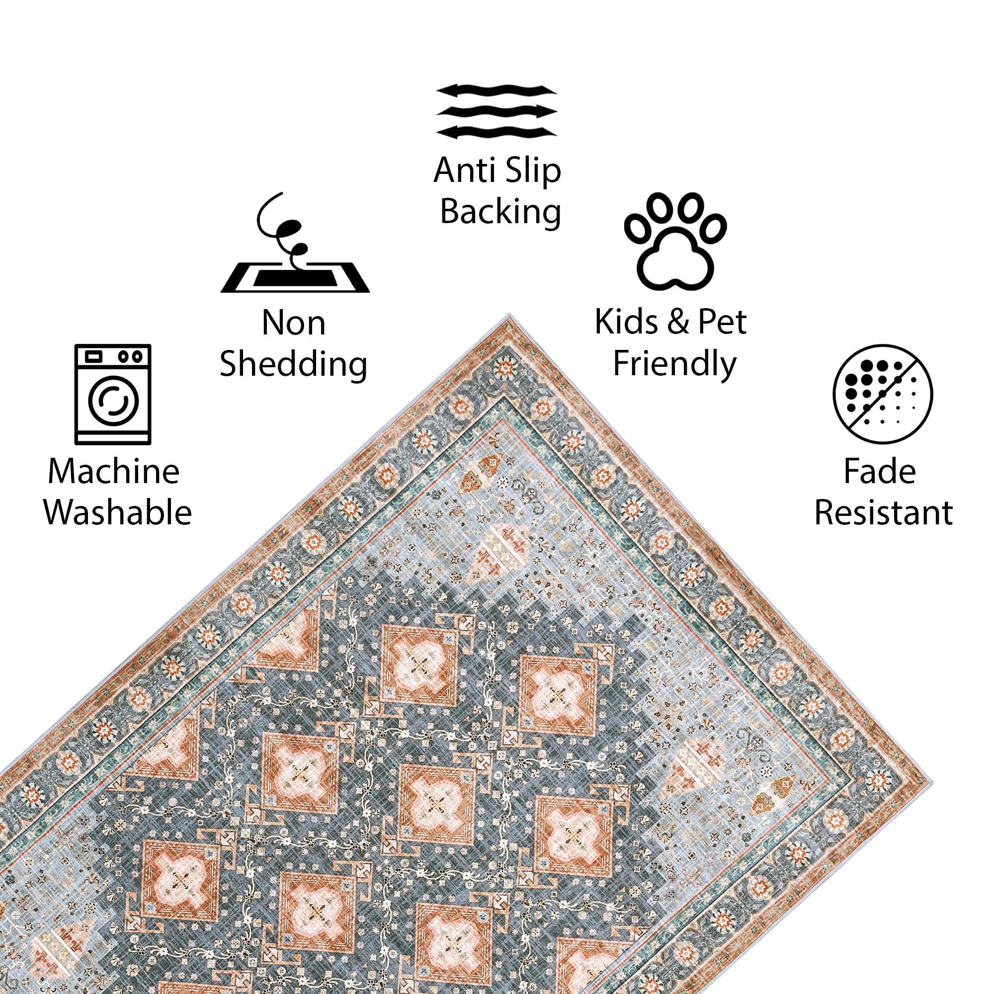 Vernal Beni Dusty Blue, Orange & Beige Machine Washable Rug and Runner - For Living Room, Dining Room, Bedroom, Hallway, Kitchens, Kids/Nursery Room