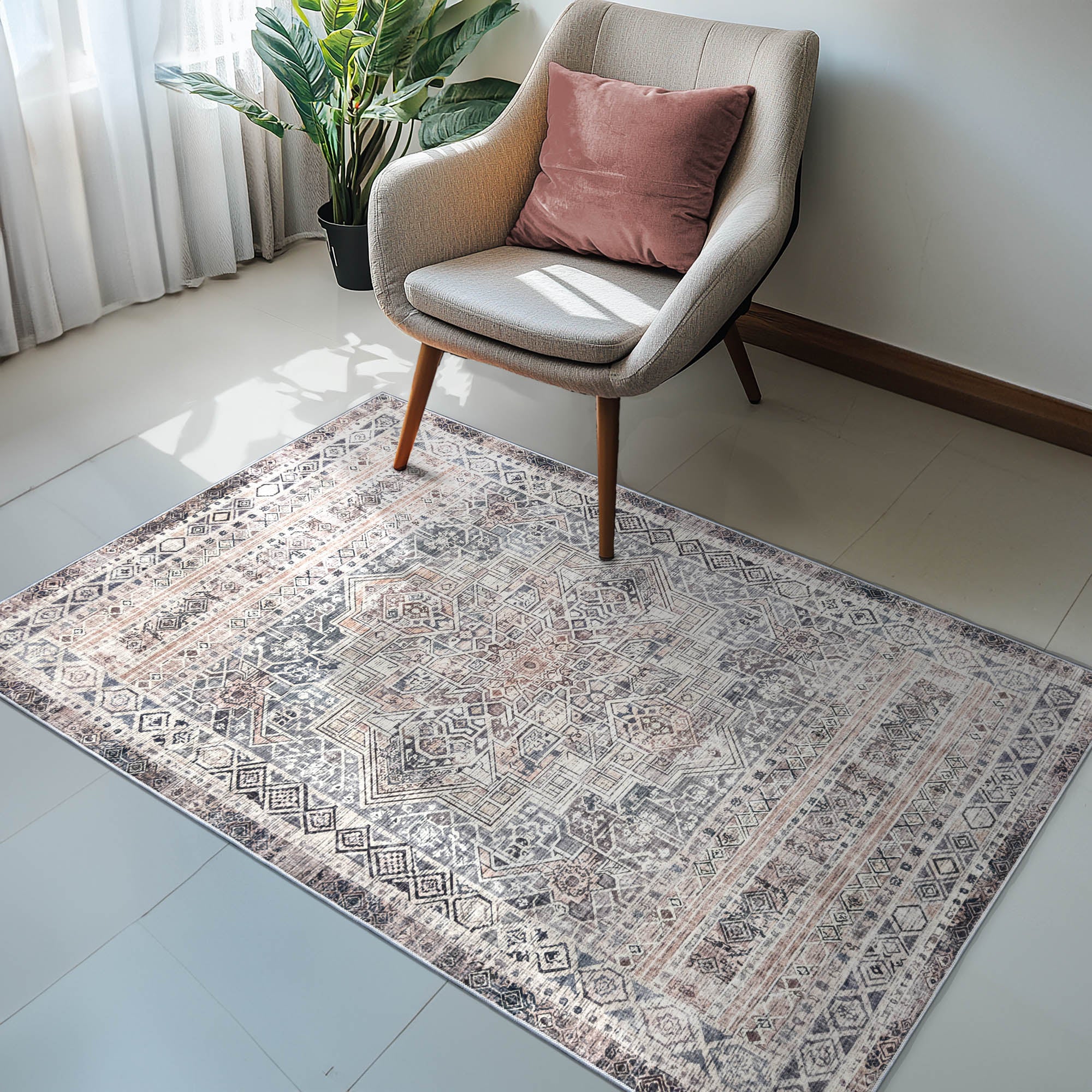 Vernal Bruna Beige, Taupe & Grey Machine Washable Rug and Runner - For Living Room, Dining Room, Bedroom, Hallway, Kitchens, Kids/Nursery Room