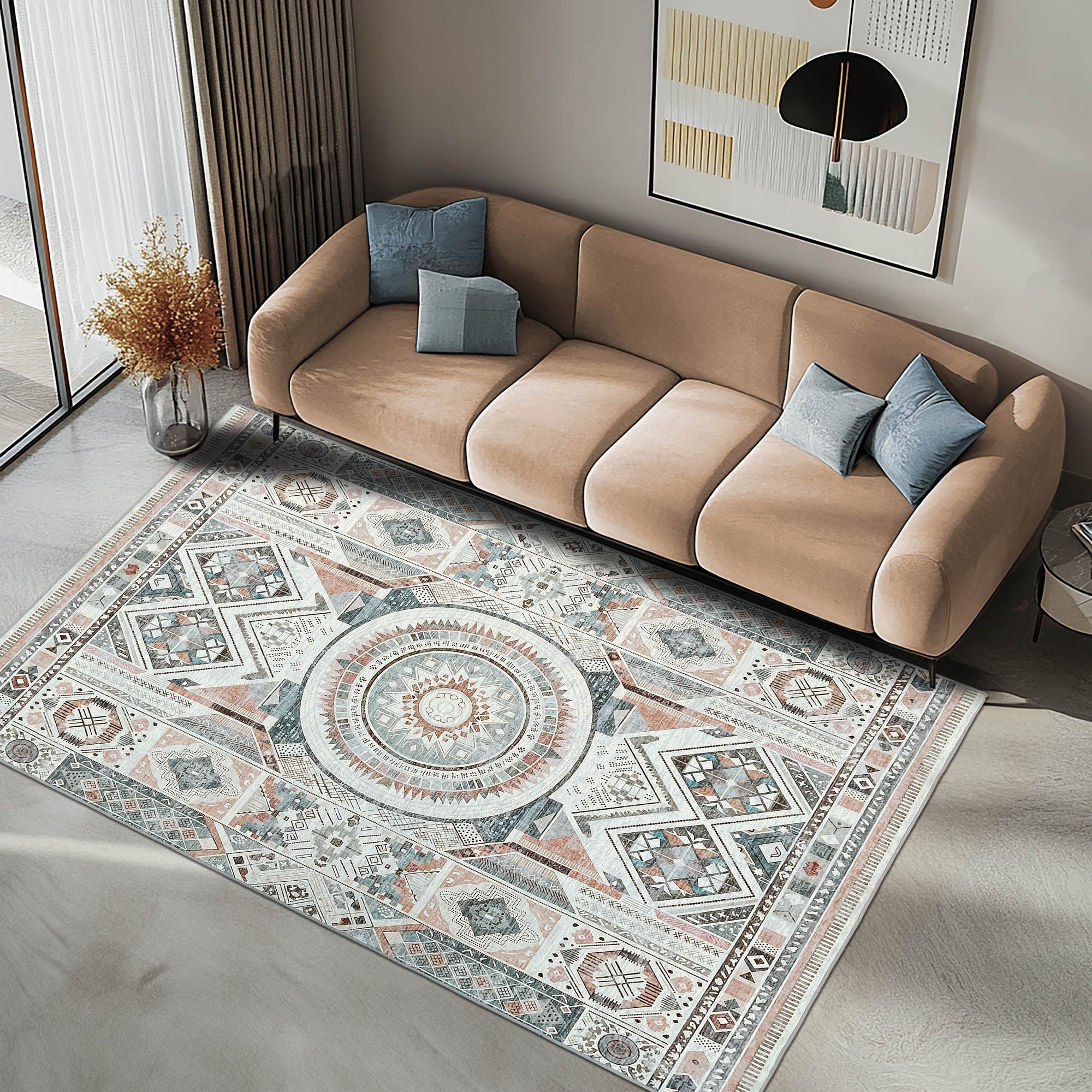 Vernal Dylla Dark Peach, Stone Blue & Cream Machine Washable Rug and Runner - For Living Room, Dining Room, Bedroom, Hallway, Kitchens, Kids/Nursery Room