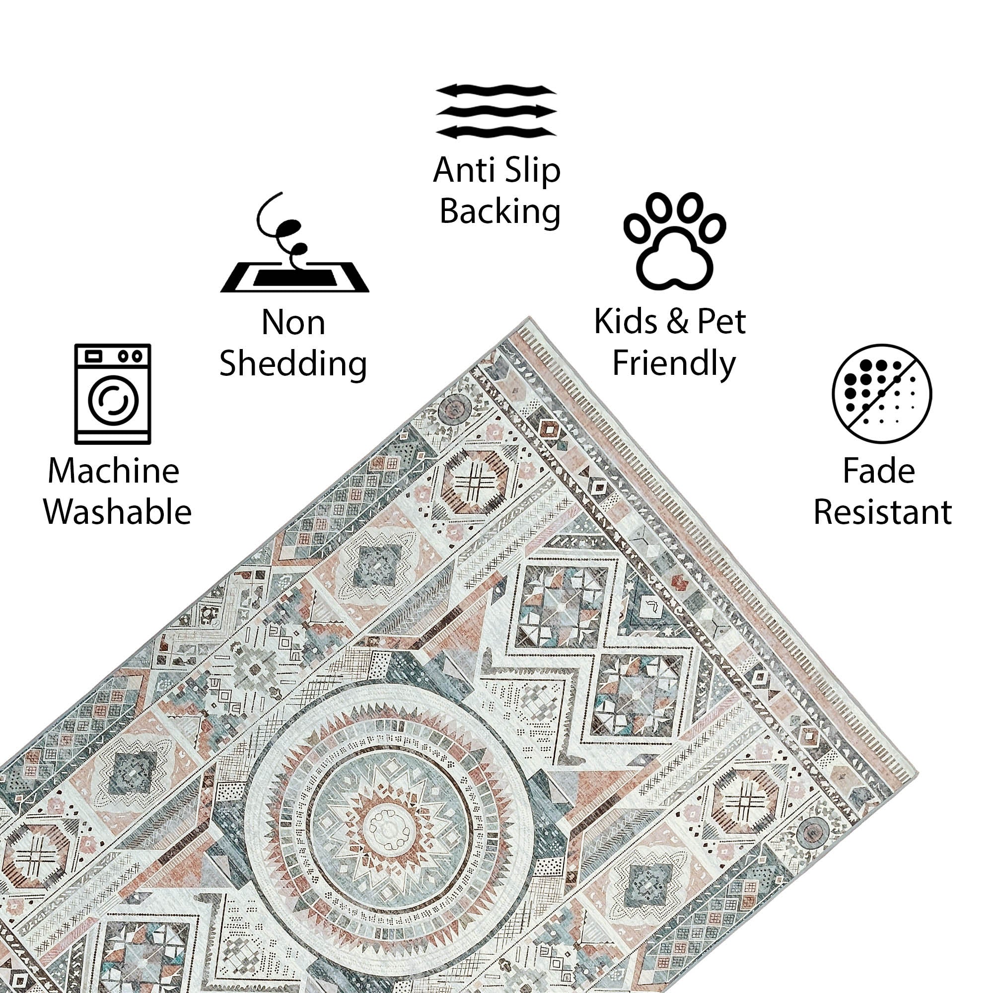 Vernal Dylla Dark Peach, Stone Blue & Cream Machine Washable Rug and Runner - For Living Room, Dining Room, Bedroom, Hallway, Kitchens, Kids/Nursery Room