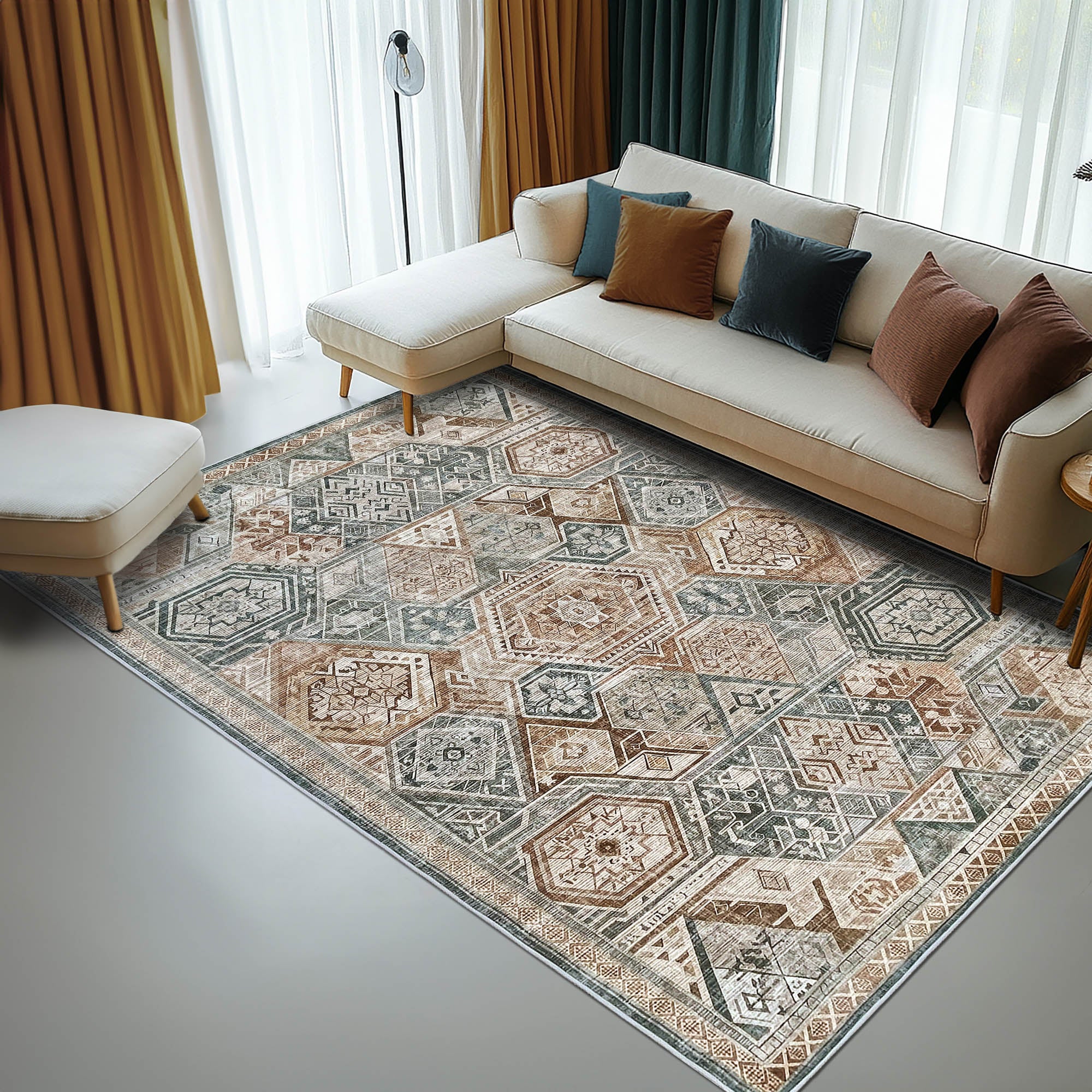 Vernal Freya Green, Brown and Beige Machine Washable Rug and Runner - For Living Room, Dining Room, Bedroom, Hallway, Kitchens, Kids/Nursery Room