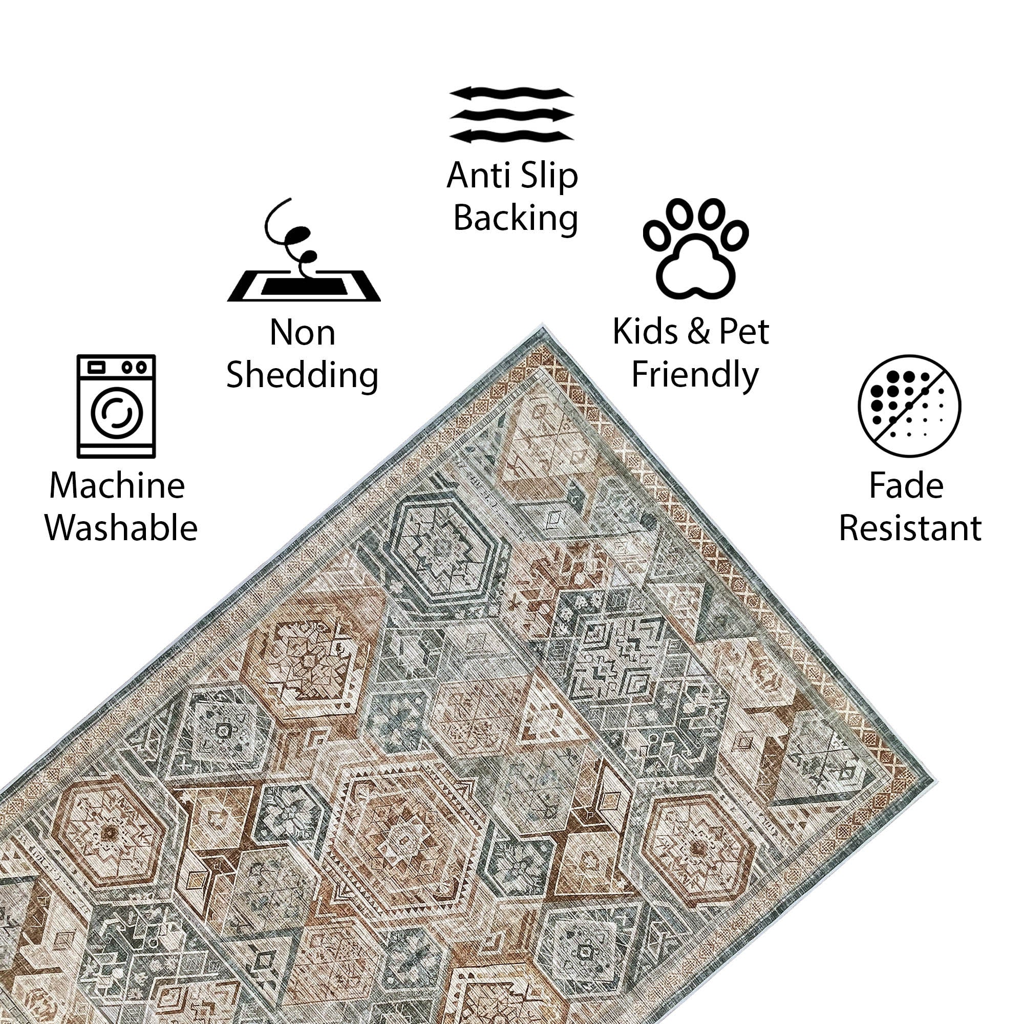 Vernal Freya Green, Brown and Beige Machine Washable Rug and Runner - For Living Room, Dining Room, Bedroom, Hallway, Kitchens, Kids/Nursery Room