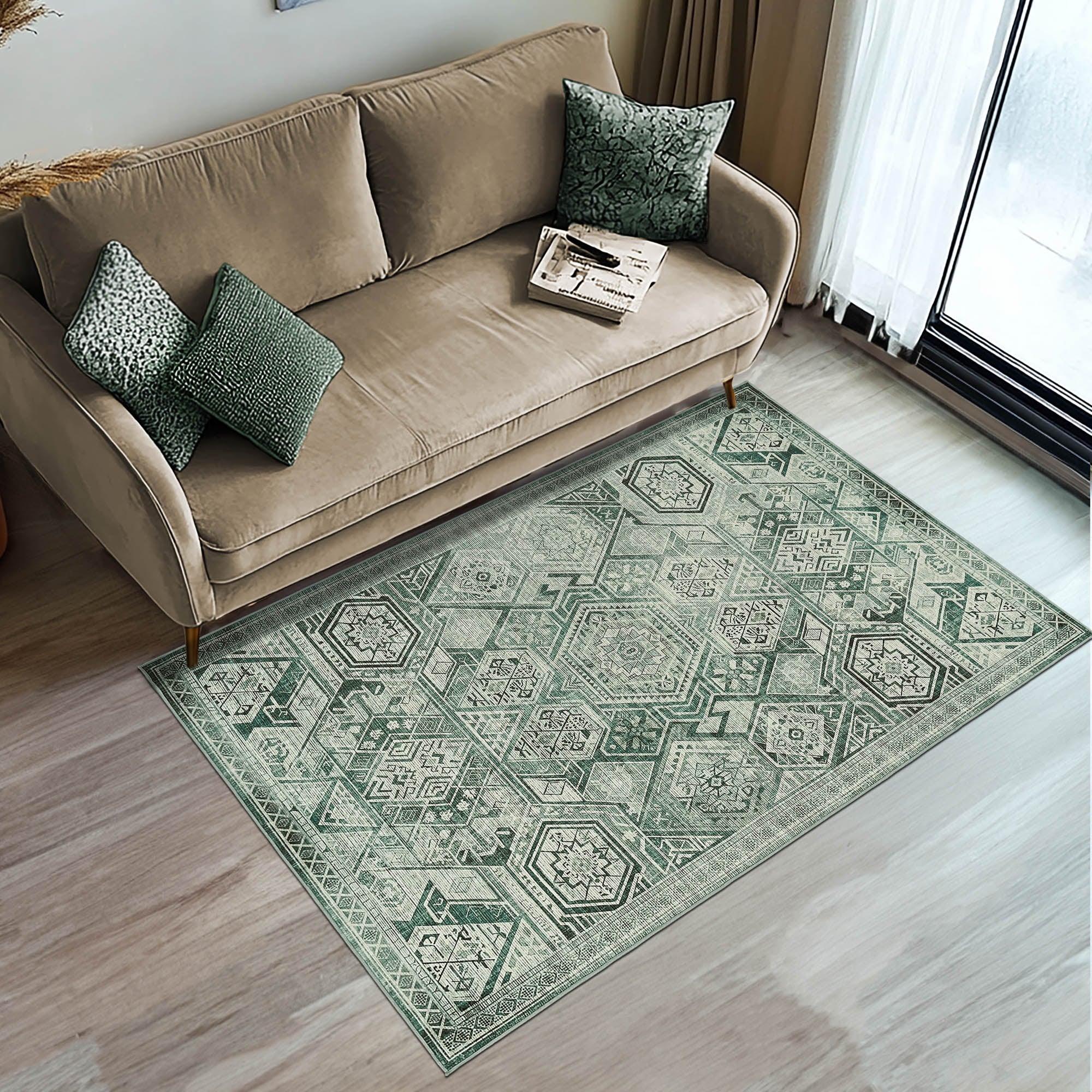 Vernal Freya Sage Green Machine Washable Rug and Runner - For Living Room, Dining Room, Bedroom, Hallway, Kitchens, Kids/Nursery Room