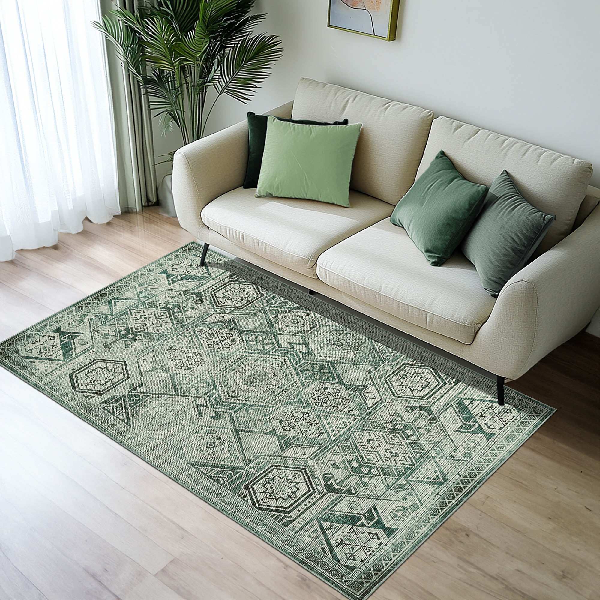 Vernal Freya Sage Green Machine Washable Rug and Runner - For Living Room, Dining Room, Bedroom, Hallway, Kitchens, Kids/Nursery Room