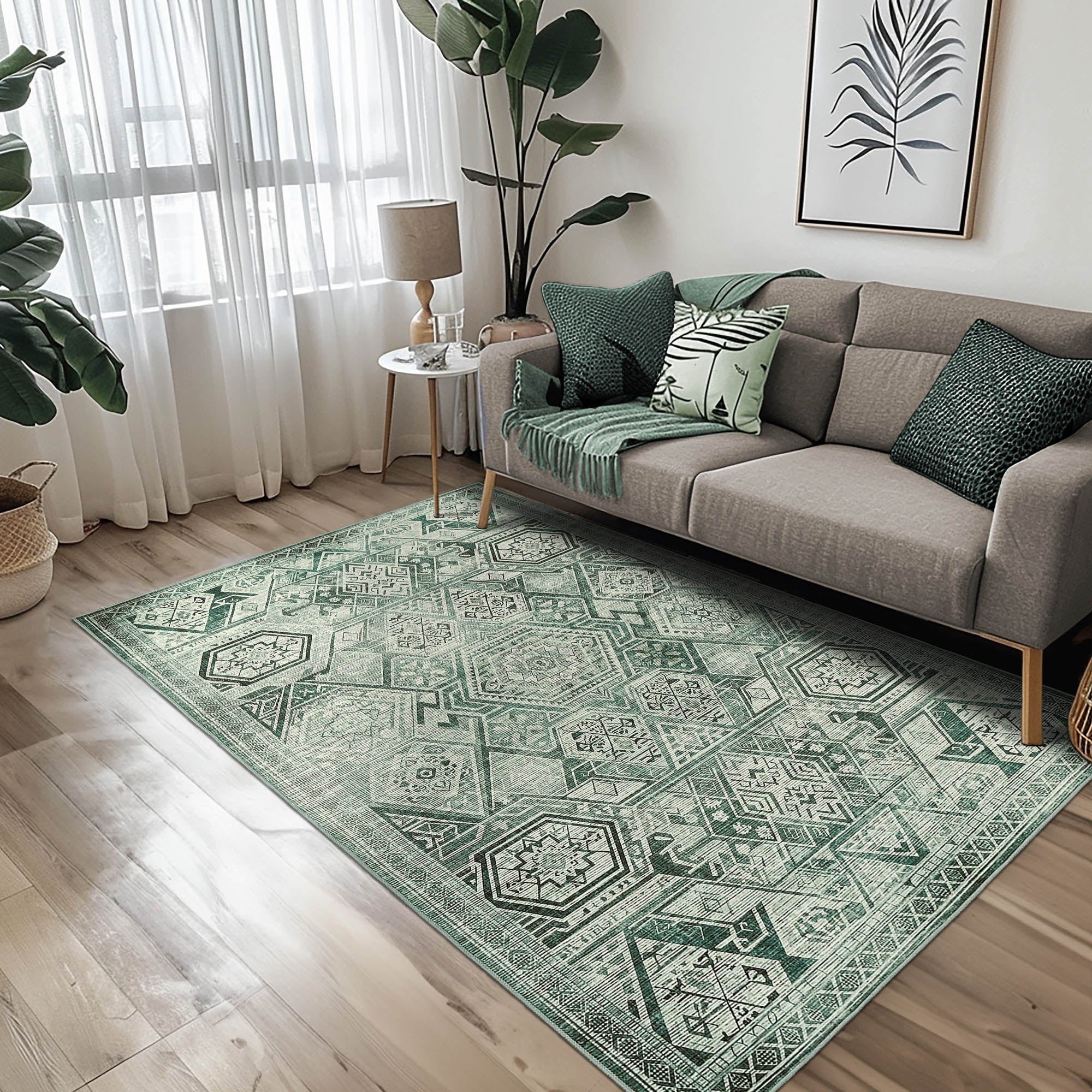 Vernal Freya Sage Green Machine Washable Rug and Runner - For Living Room, Dining Room, Bedroom, Hallway, Kitchens, Kids/Nursery Room