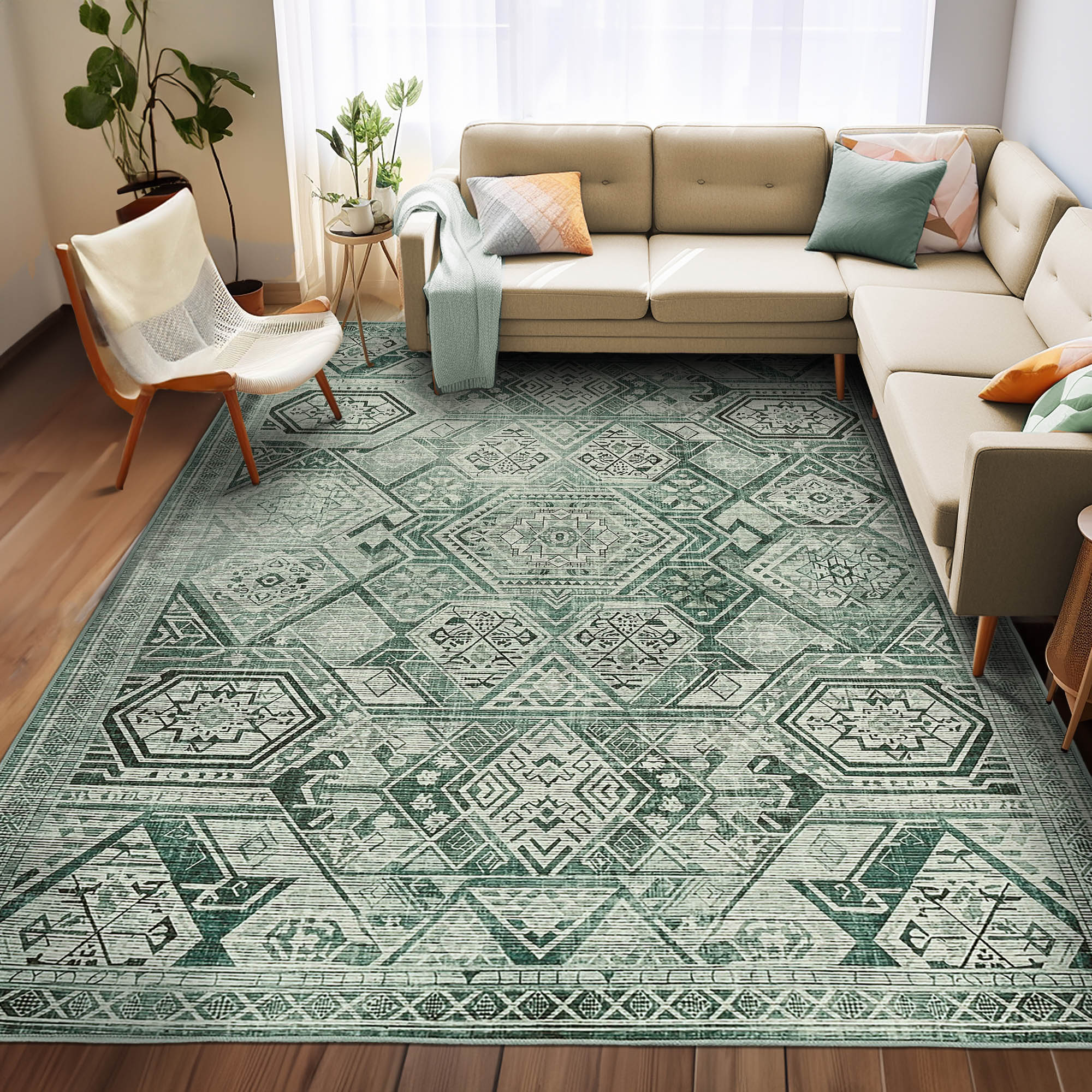 Vernal Freya Sage Green Machine Washable Rug and Runner - For Living Room, Dining Room, Bedroom, Hallway, Kitchens, Kids/Nursery Room