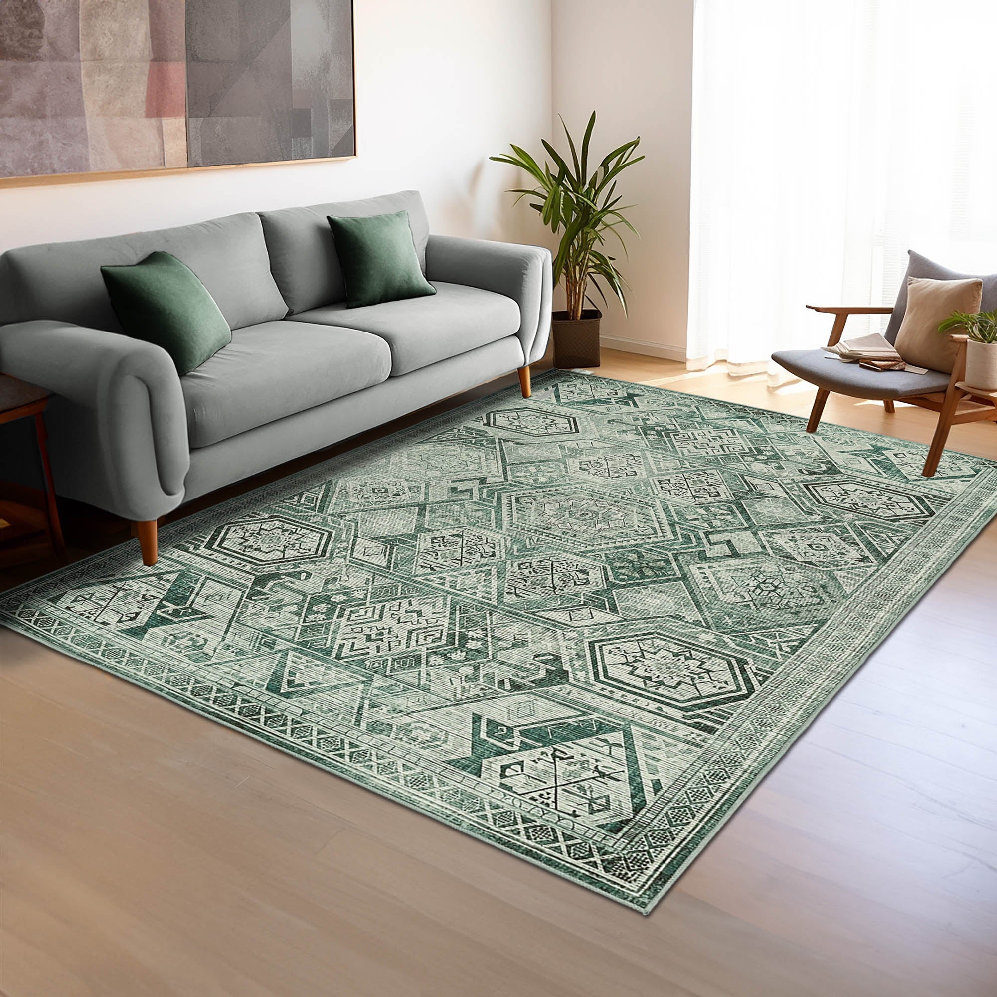 Vernal Freya Sage Green Machine Washable Rug and Runner - For Living Room, Dining Room, Bedroom, Hallway, Kitchens, Kids/Nursery Room