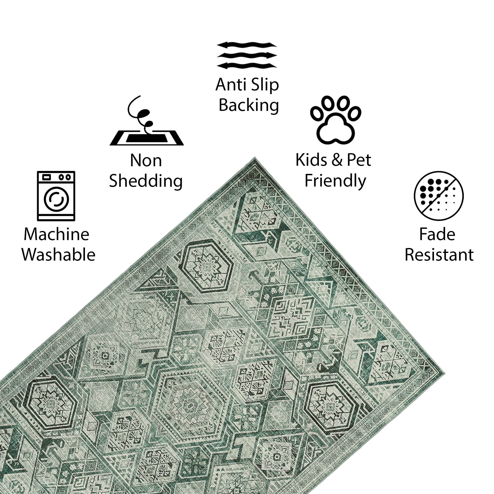 Vernal Freya Sage Green Machine Washable Rug and Runner - For Living Room, Dining Room, Bedroom, Hallway, Kitchens, Kids/Nursery Room