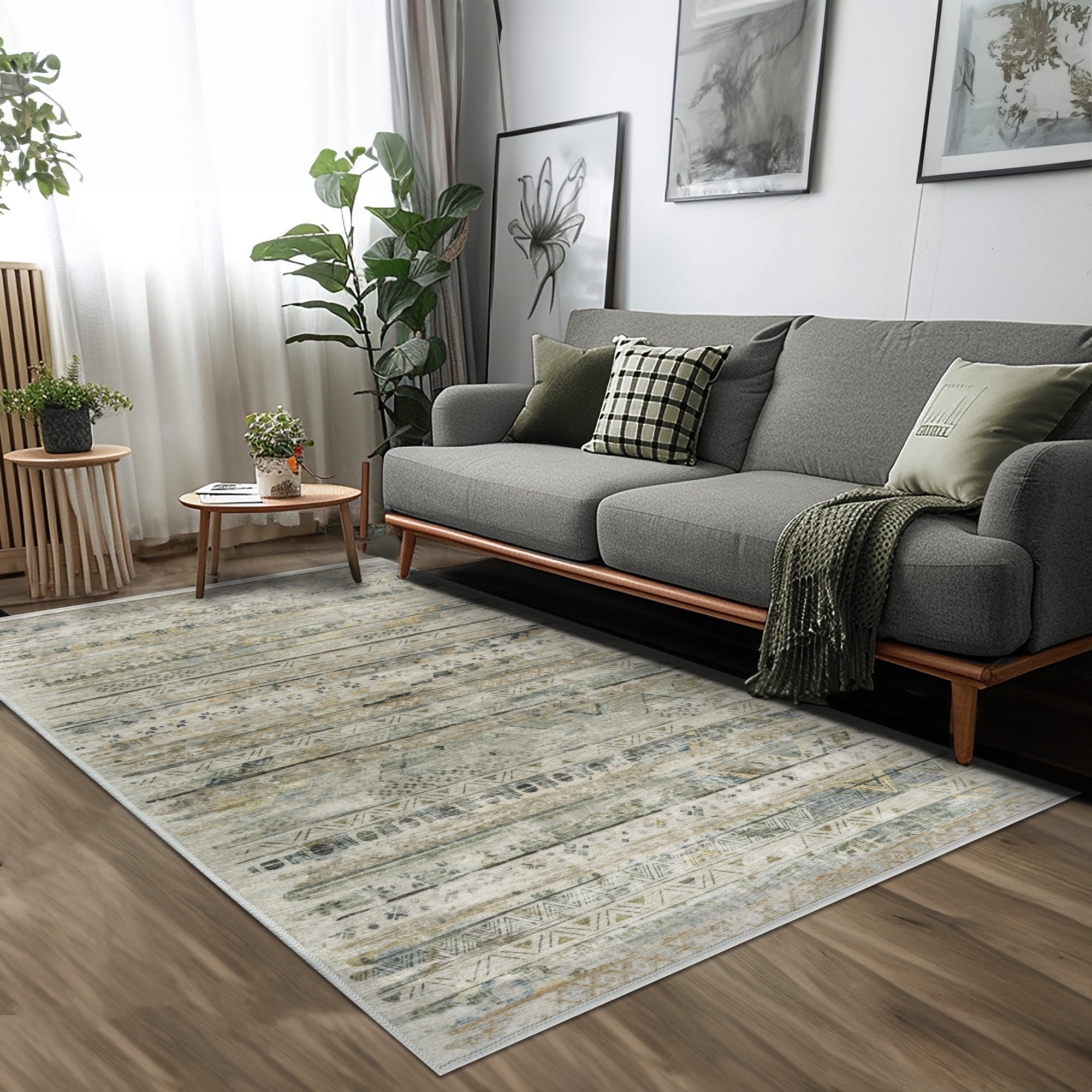 Vernal Kwan Grey, Beige, and Green Machine Washable Rug -  For Living Room, Dining Room, Bedroom, Hallway, Kitchens, Kids/Nursery Room