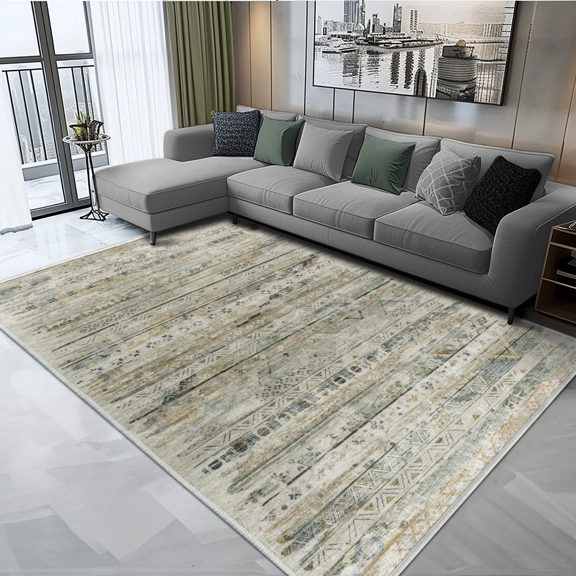 Vernal Kwan Grey, Beige, and Green Machine Washable Rug -  For Living Room, Dining Room, Bedroom, Hallway, Kitchens, Kids/Nursery Room