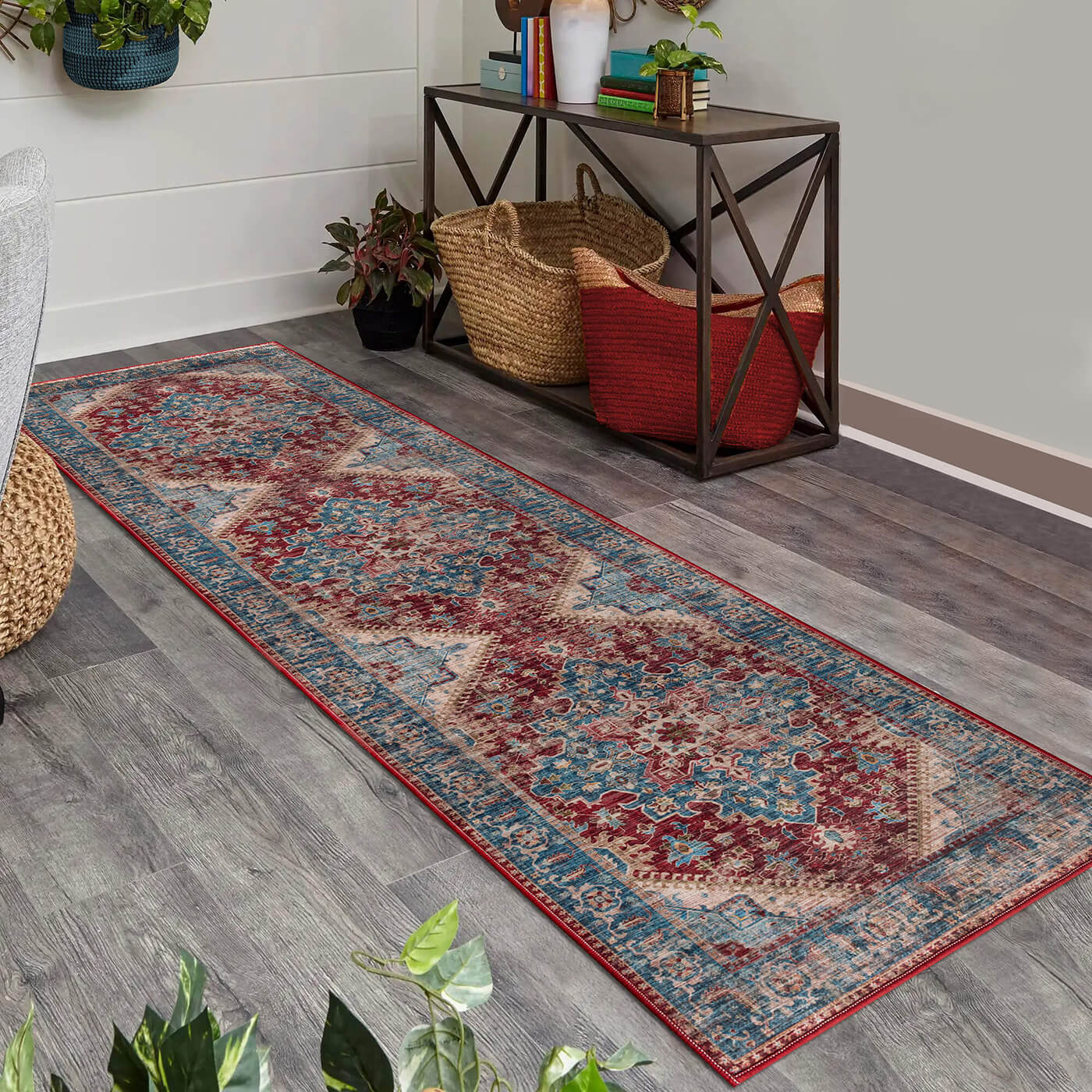 Carpet Mart Milagros Ink Blue/Carmine Red/Beige Machine Washable Rug - For Living Room, Dining Room, Bedroom, Kitchens, Kids/Nursery Room