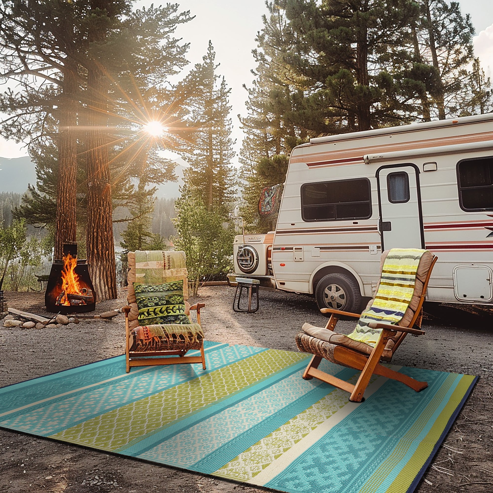 Outdoor Recycled Plastic Rug for Camping (Turquoise Blue / Green)