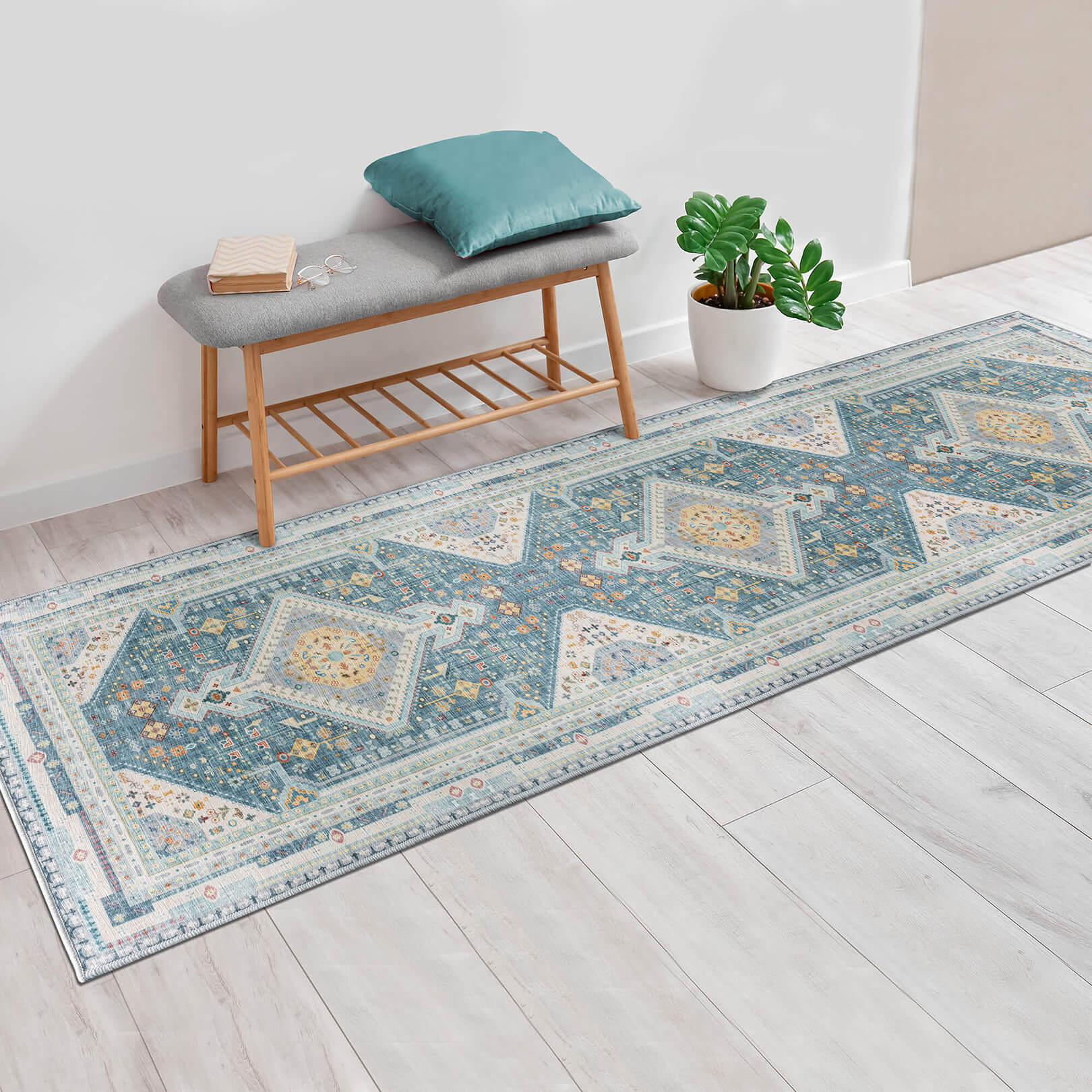 Carpet Mart Senglea Stone Blue/Yellow/Cream Machine Washable Rug - For Living Room, Dining Room, Bedroom, Kitchens, Kids/Nursery Room