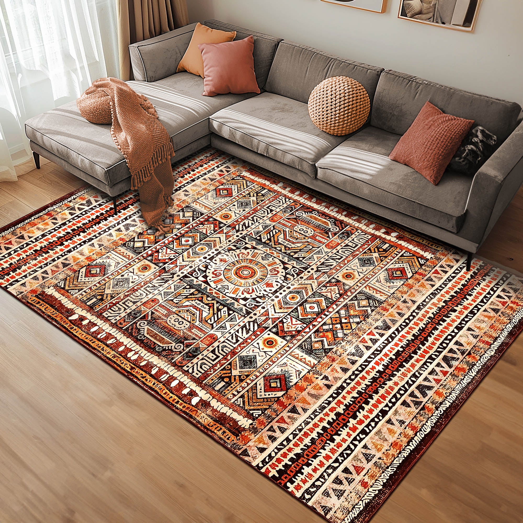 Vernal Shea Beige, Brown, Rust Red Machine Washable Rug and Runner - For Living Room, Dining Room, Bedroom, Hallway, Kitchens, Kids/Nursery Room