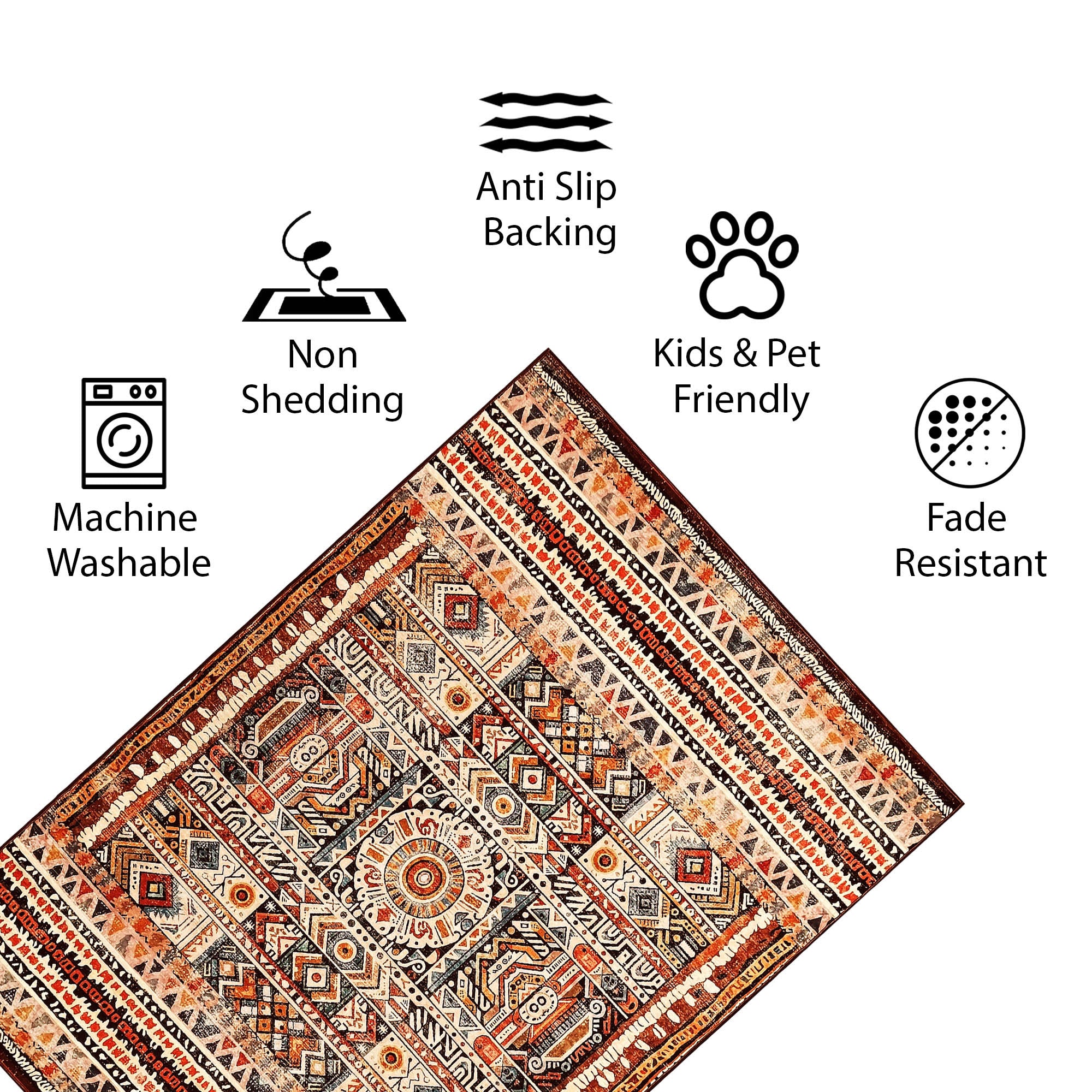 Vernal Shea Beige, Brown, Rust Red Machine Washable Rug and Runner - For Living Room, Dining Room, Bedroom, Hallway, Kitchens, Kids/Nursery Room