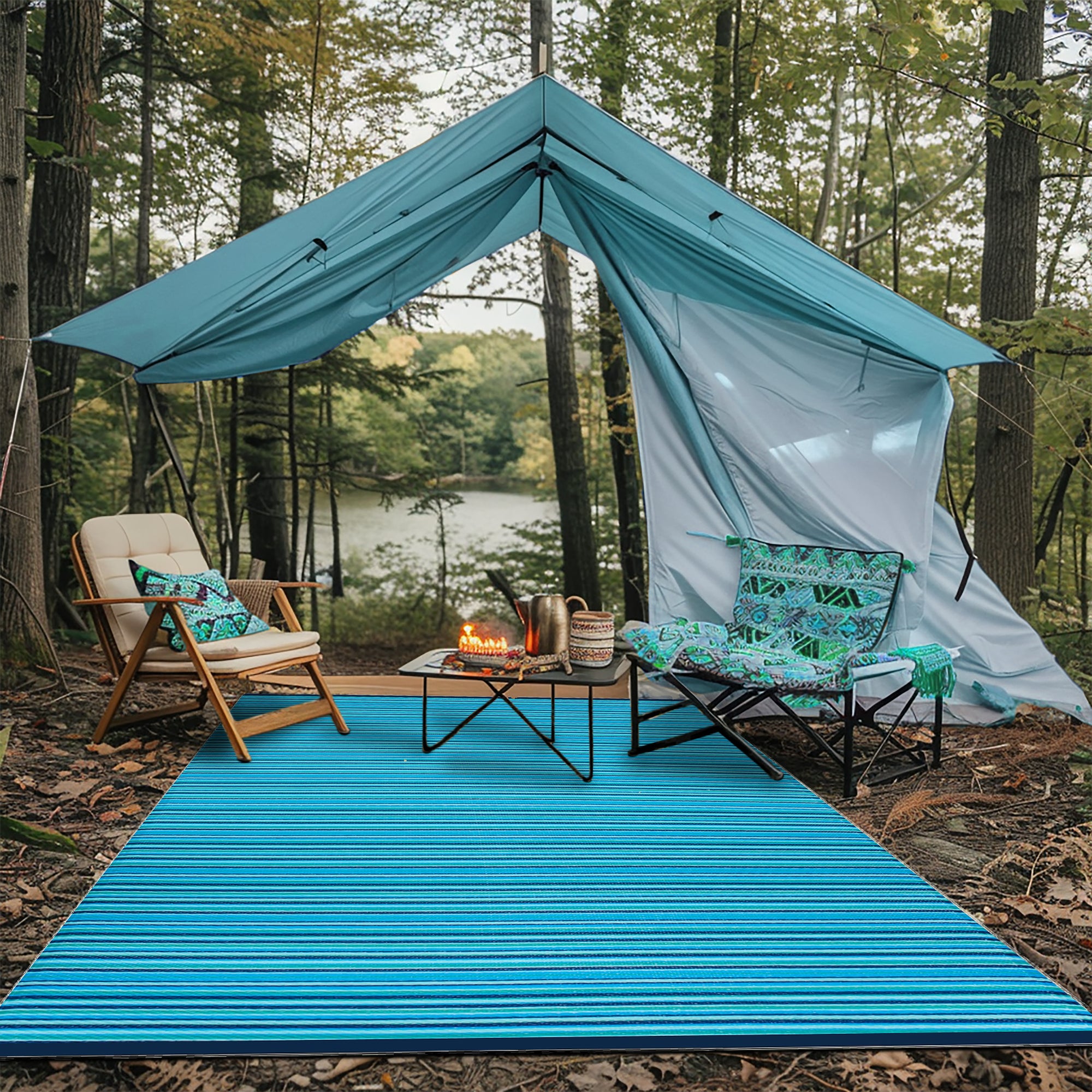 Weaver Outdoor Recycled Plastic Rug for Camping ( Turquoise Blue )